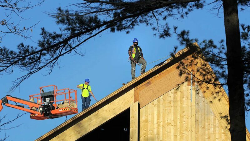 Two construction workers stand atop a roof made from timber