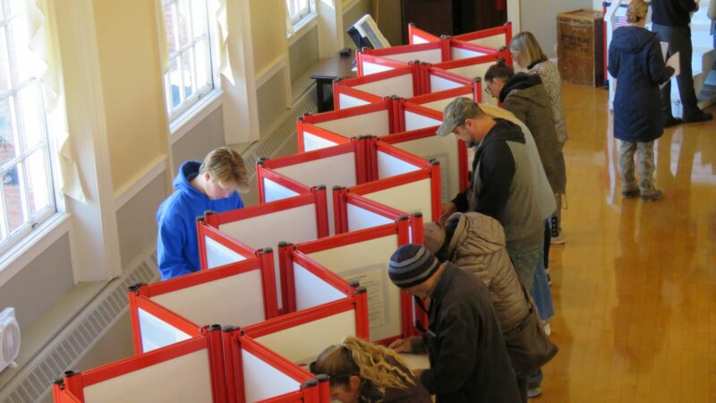 Voters stand at voting booths to fill out their ballots on Election Day.