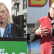 A composite photo showing gubernatorial candidates Janet Mills and Paul LePage standing behind microphones at separate rallies.