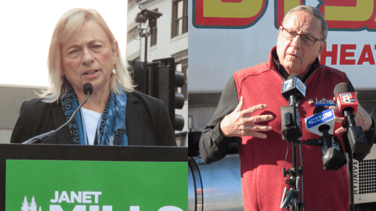 A composite photo showing gubernatorial candidates Janet Mills and Paul LePage standing behind microphones at separate rallies.