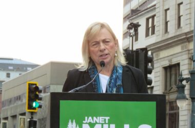Janet Mills speaks at a campaign event