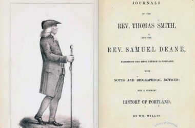 On left is a sketch of the Rev. Thomas Smith. On the right is the inner cover of a book that reads: Journals of the Rev. Thomas Smith and the Rev. Samuel Deane, Pasts of the First Church in Portland