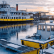 Boats docked in Portland, Maine during a snowy winter.