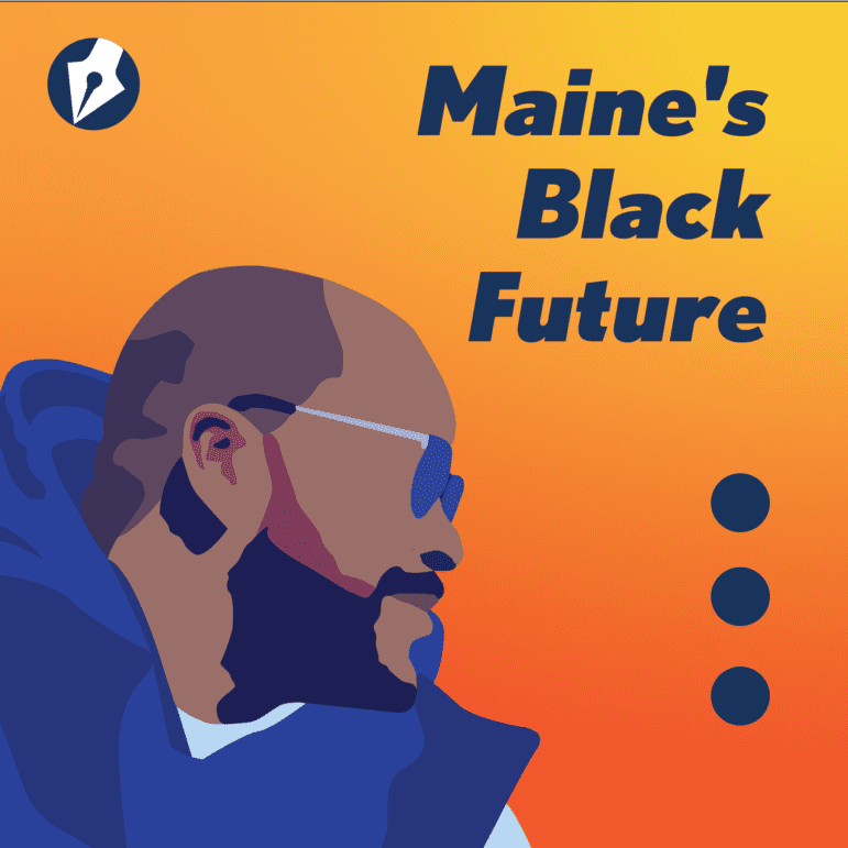 The podcast logo for Maine's Black Future featuring the text "Maine's Black Future" as well as a vector image of host Genius Black, and towards the right side of the image are three large dots in a vertical line.