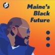 The podcast logo for Maine's Black Future featuring the text "Maine's Black Future" as well as a vector image of host Genius Black, and towards the right side of the image are three large dots in a vertical line.