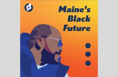 The podcast logo for Maine's Black Future featuring the text "Maine's Black Future" as well as a vector image of host Genius Black, and towards the right side of the image are three large dots in a vertical line.