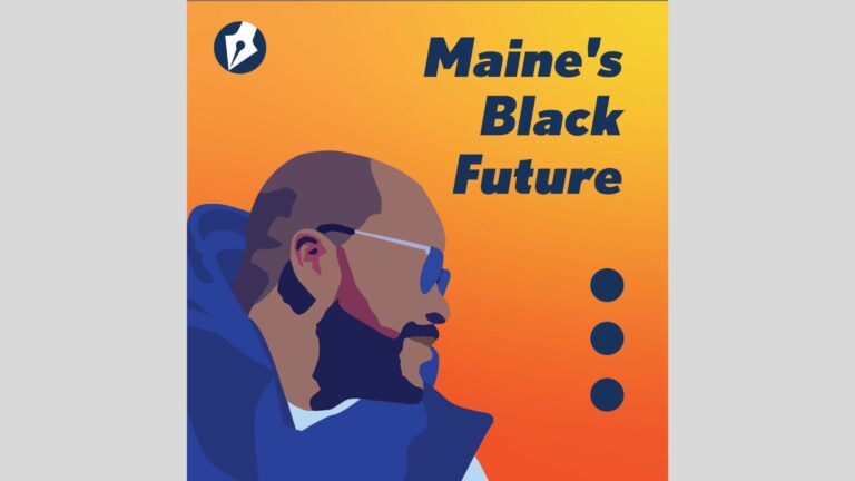 The podcast logo for Maine's Black Future featuring the text "Maine's Black Future" as well as a vector image of host Genius Black, and towards the right side of the image are three large dots in a vertical line.