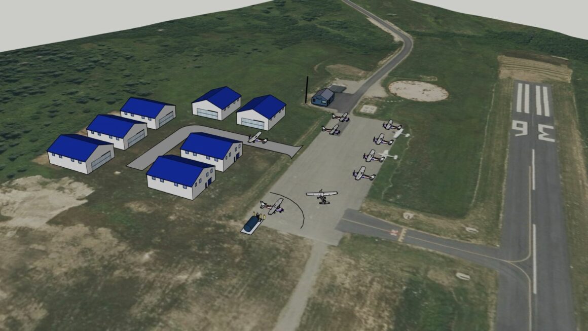 A rendering shows the proposed hangars at the Machias Valley Regional Airport.