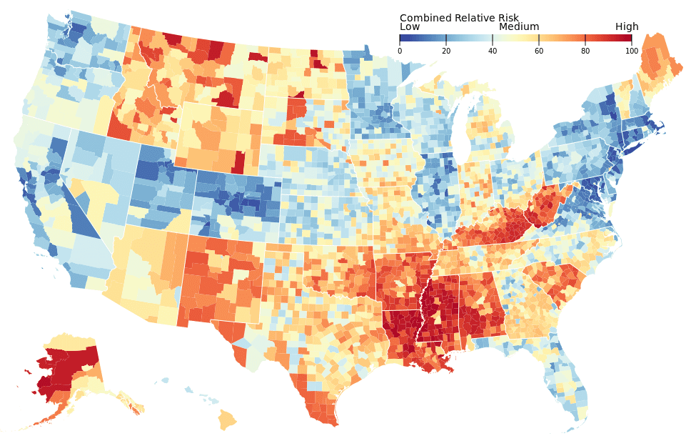 Map of the U.S. showing the combined relative risk by county. In Maine, the state is primarily in the medium risk category. Some parts of Maine are closer to the high risk category than others. 