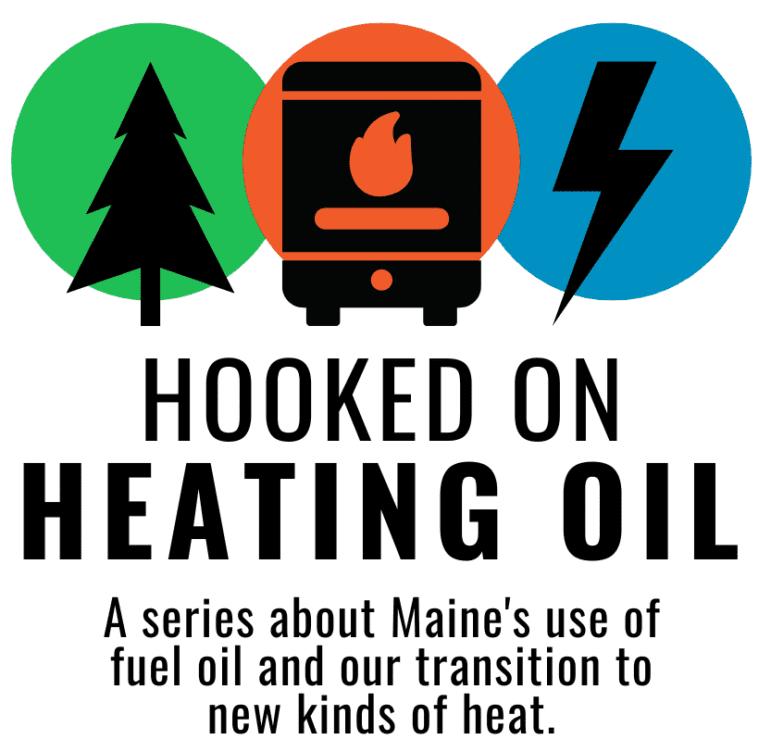 Logo for the "Hooked on Heating Oil" series by The Maine Monitor. A silhouette of a tree is shown in front of a green circle. A silhouette of a fireplace is showing against an orange circle. A silhouette of a lightning bolt is shown against a blue circle. Underneath, text reads: Hooked on Heating Oil. A series about Maine's use of fuel oil and our transition to new kinds of heat.