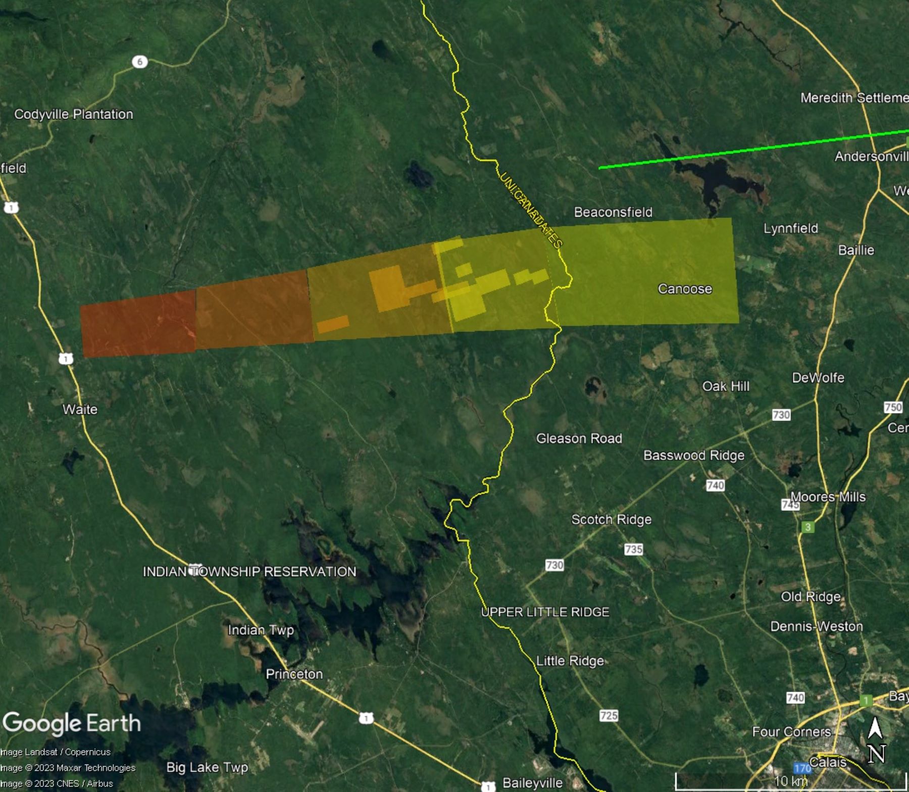 Map of the likely area in Washington County field where meteorites fell on April 8, 2023