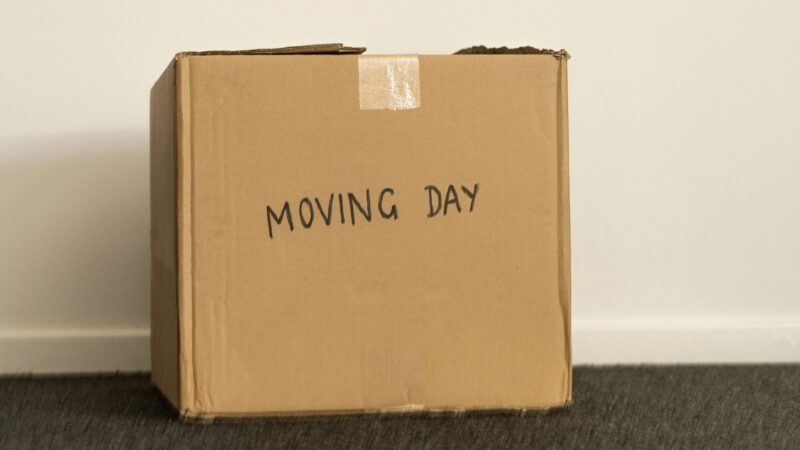 A brown cardboard box with "moving day" scribbled on the side in sharpie.