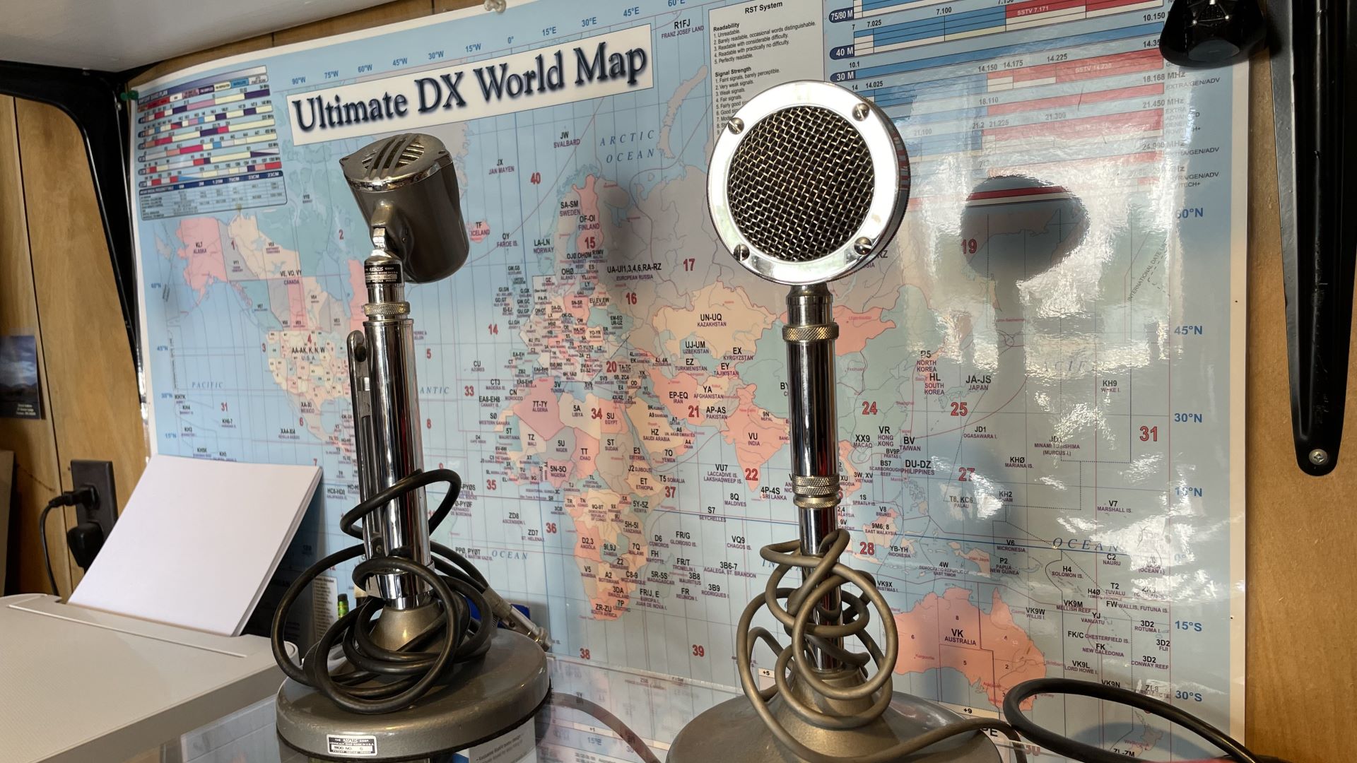 Two vintage microphones sit in front of a DX world map.