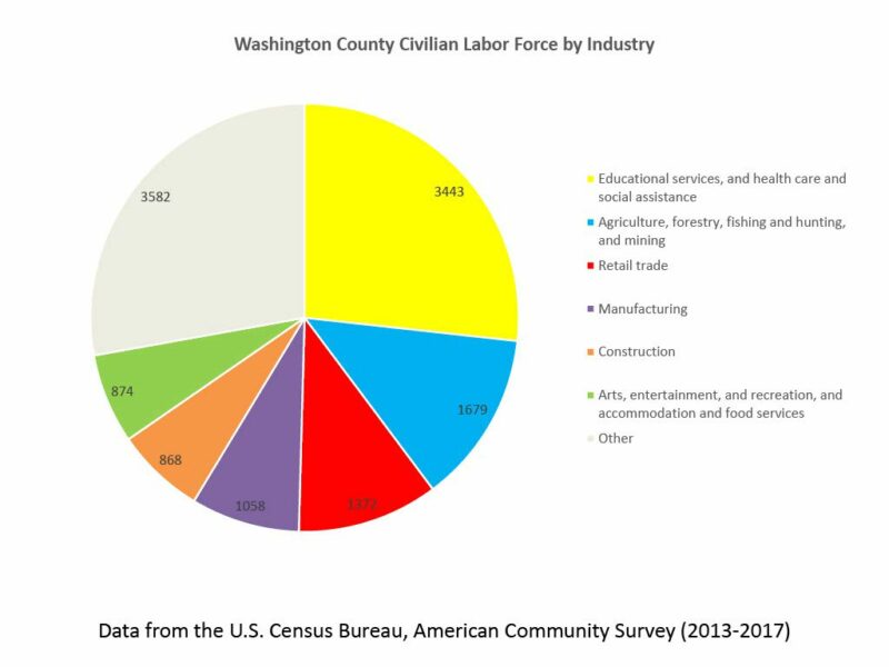 A pie chart showing Washington County's labor force. Education employment is the biggest slice.