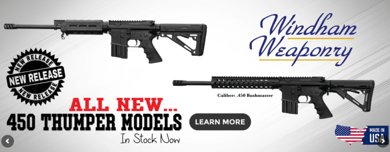 A screenshot of the website for Windham Weaponry that touts its new .450 caliber thumper model bushmasters.