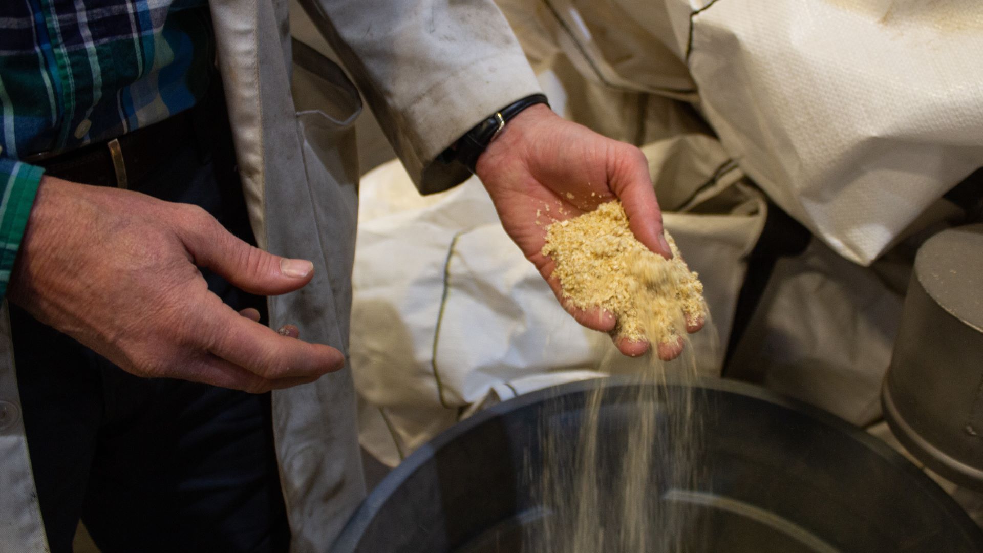 Yellow sawdust fills and spills out of a hand that is hovering over a garbage can.