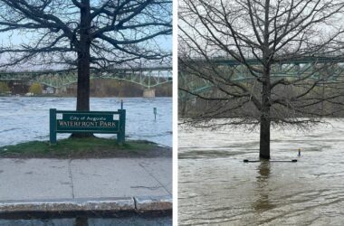 A collage showing flooding from the Kennebec River at Waterfront Park in Augusta.