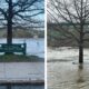 A collage showing flooding from the Kennebec River at Waterfront Park in Augusta.