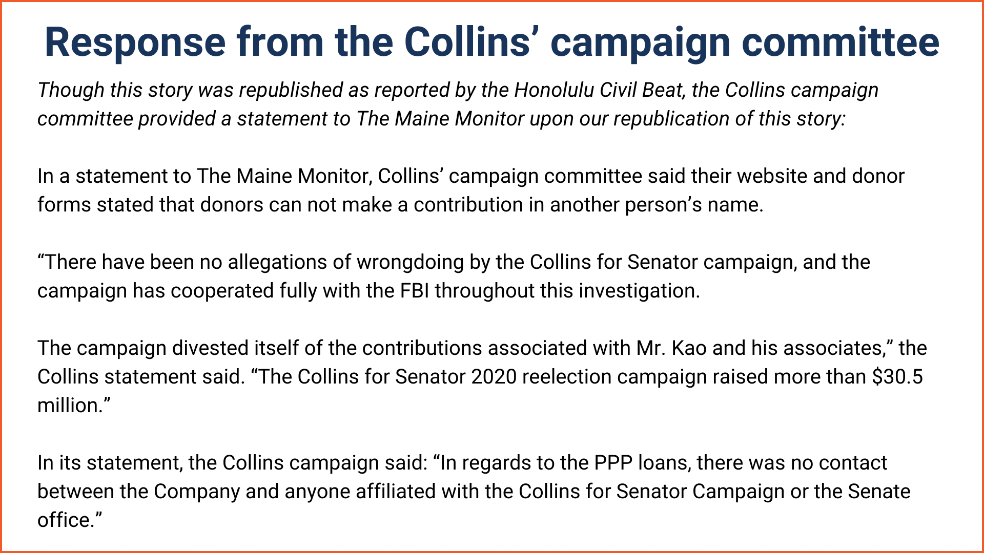 A response statement from the campaign committee for Susan Collins.