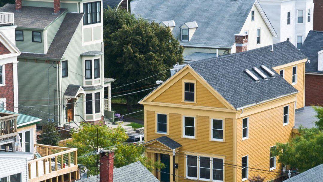 The rooftops of residential units in Portland, Maine.