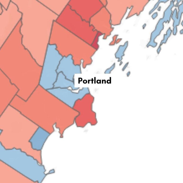 A multi-colored map with a label identifying where Portland, Maine is. There is no legend associated with the photo that denote what the colors mean.