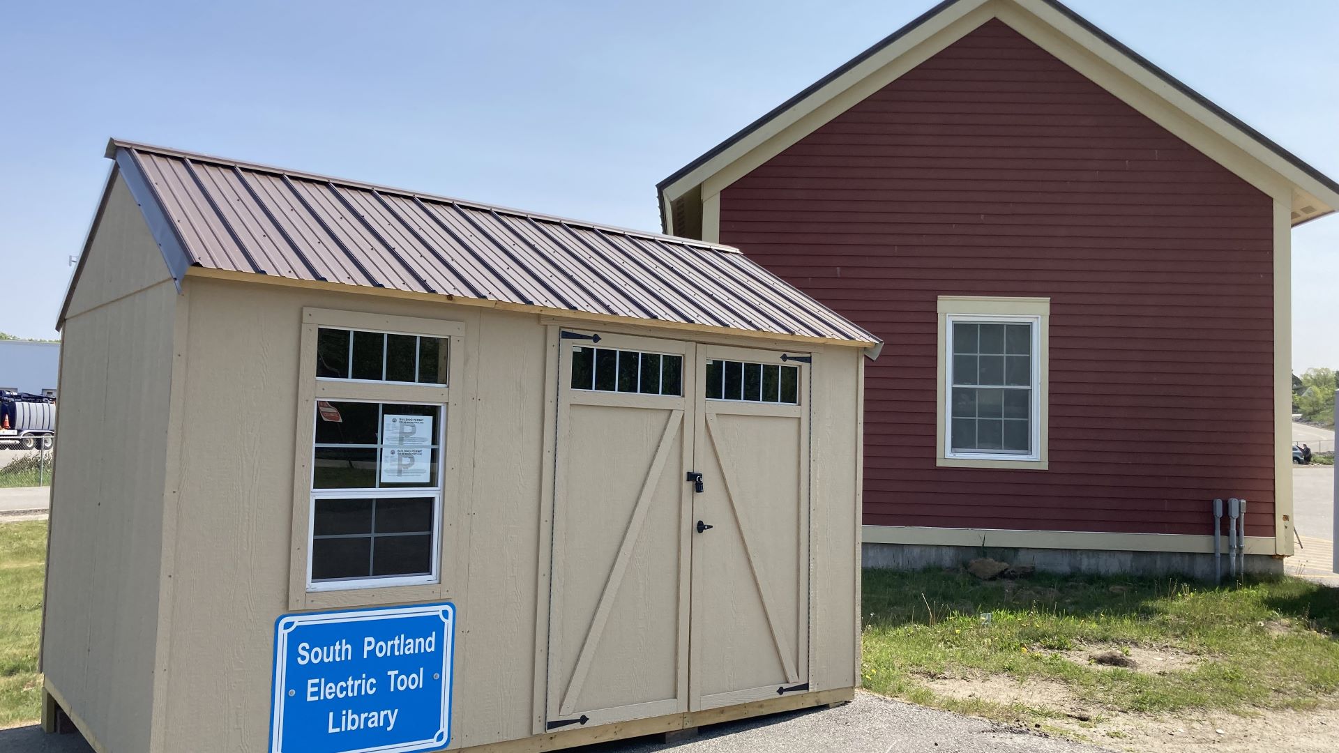 Exterior to the South Portland Electric Tool Library and the local swap shop.
