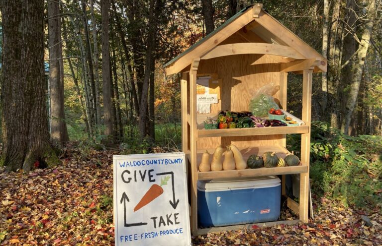 The Waldo County give and take stand with vegetables available to be grabbed. A whiteboard sign next to the stand reads "Waldo County Bounty Give Take Free Fresh Produce."
