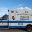 A white and blue Downeast EMS ambulance.