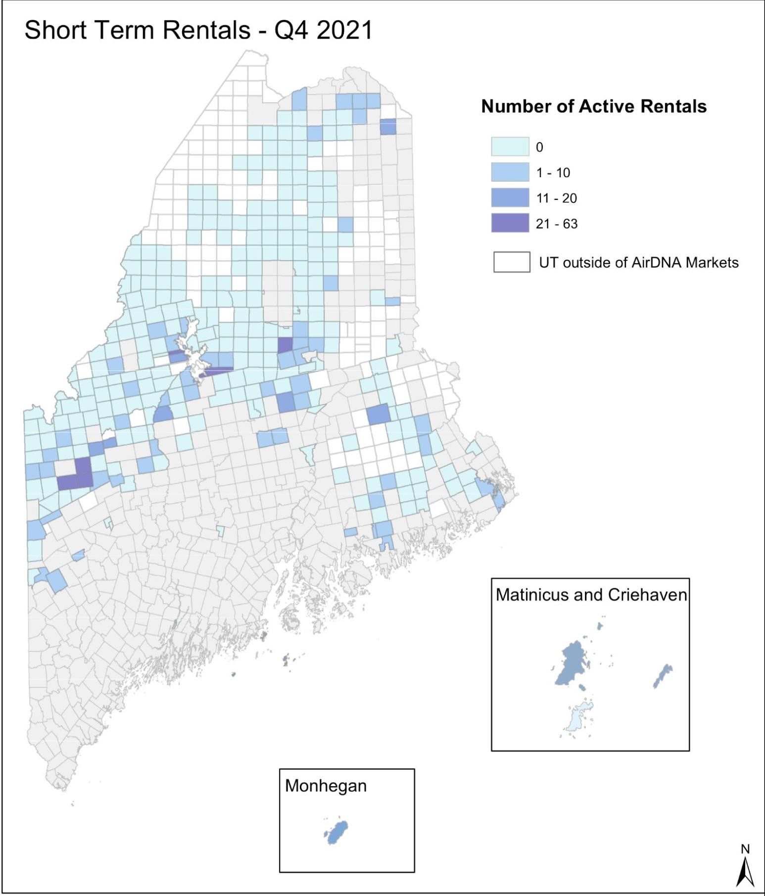 Map showing which parts of Maine had active short-term rentals.