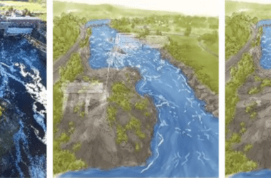 Three renderings of the planned removal of the Milltown Dam.