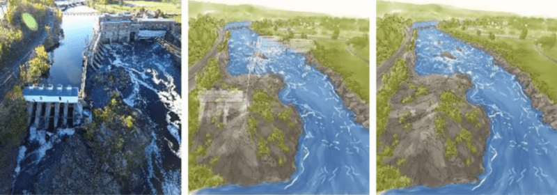 Three renderings of the planned removal of the Milltown Dam.