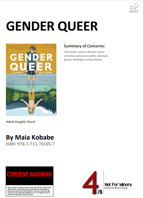 A screenshot of the first page to the Book Looks rating review of Gender Queer.