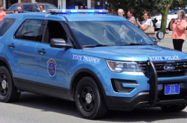 A blue Maine State Police cruiser.