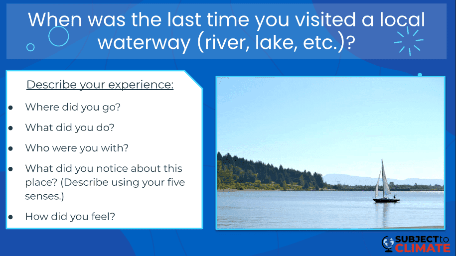 A writing prompt that reads: When was the last time you visited a local waterway (river, lake, etc.)? Describe your experience. Where did you go? What did you do? Who were you with? What did you notice about this place (describe using your five senses)? How did you feel?