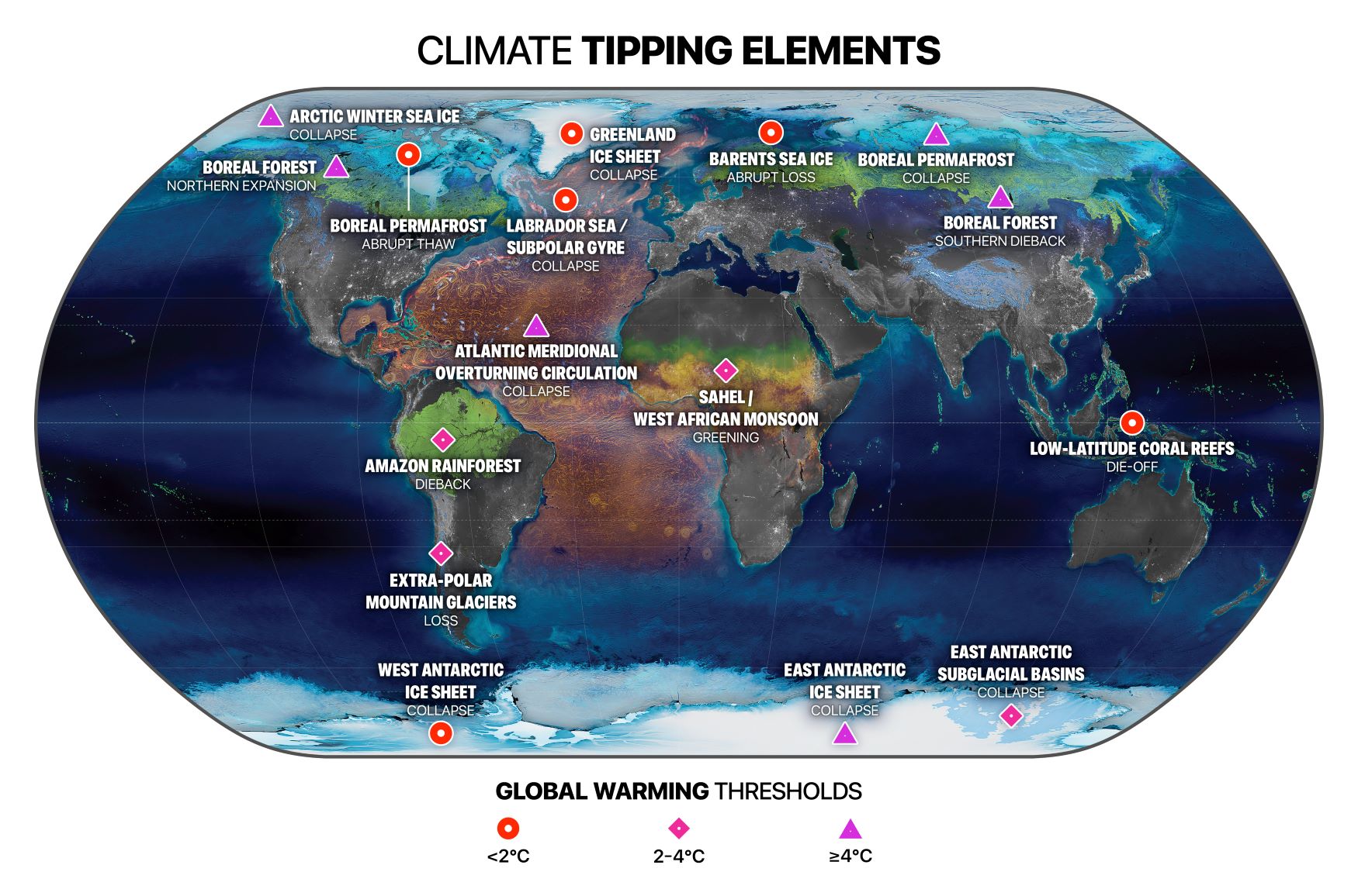 A map of areas that could be impacted by climate tipping points including the arctic winter sea ice, boreal permafrost, boreal forest, amazon rainforest, extra-polar mountain glaciers, west antarctic ice sheet, east antarctic ice sheet, east antarctic subglacial basins, low-latitude coral reefs, greenland ice sheet and barents sea ice.