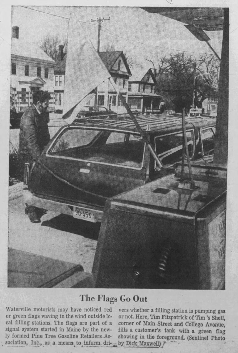 A clipping from March 1974 shows a man pumping gas in Waterville.