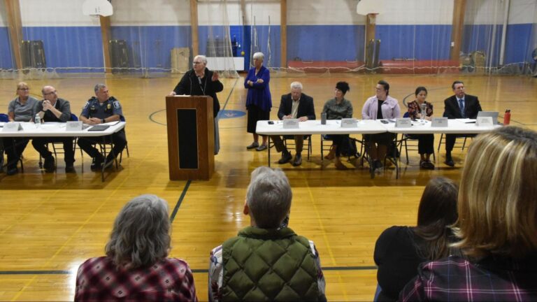 A view of the speakers' area, including of a woman speaking at the podium, during the meeting.