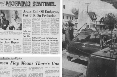 A composite of Morning Sentinel headlines about the oil embargo and a photo of a man pumping gas into his car in the 1970s.