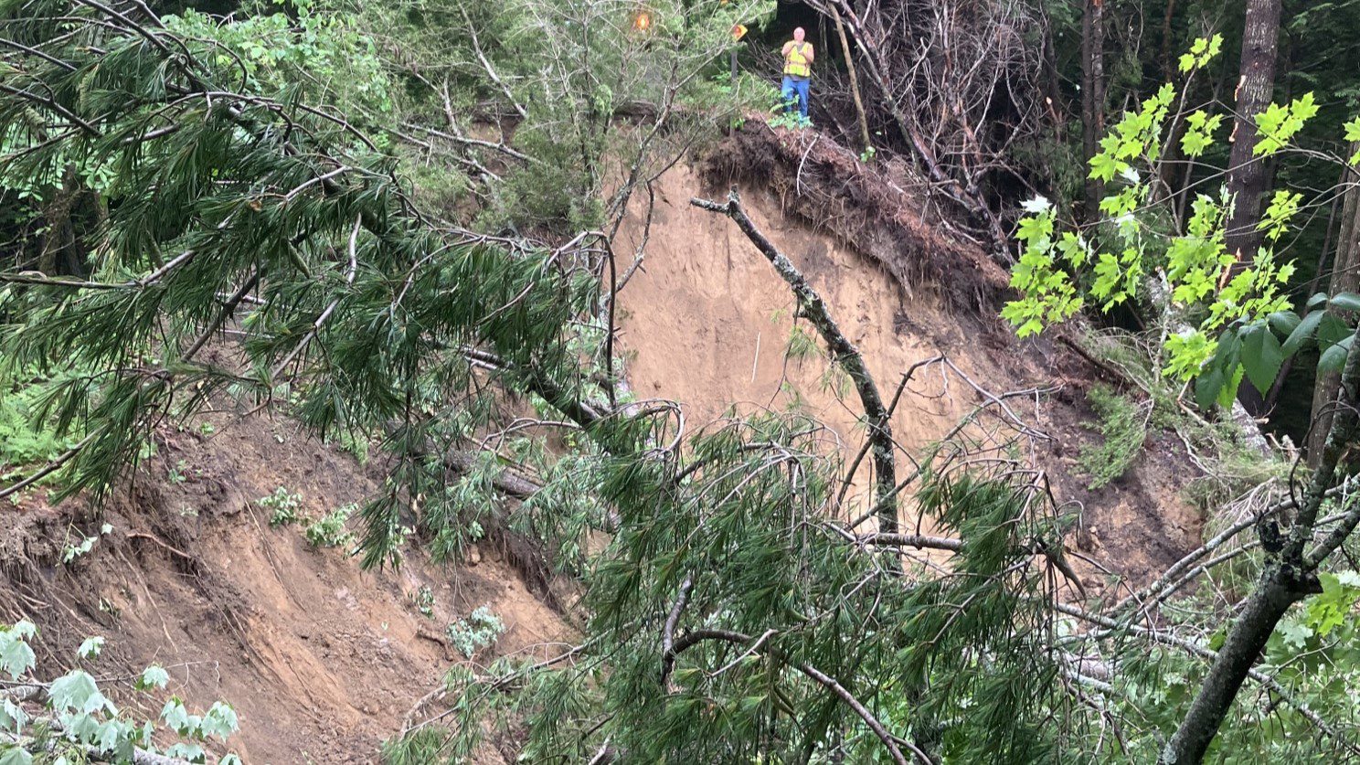 Fallen trees are seen blocking an ATV trail.