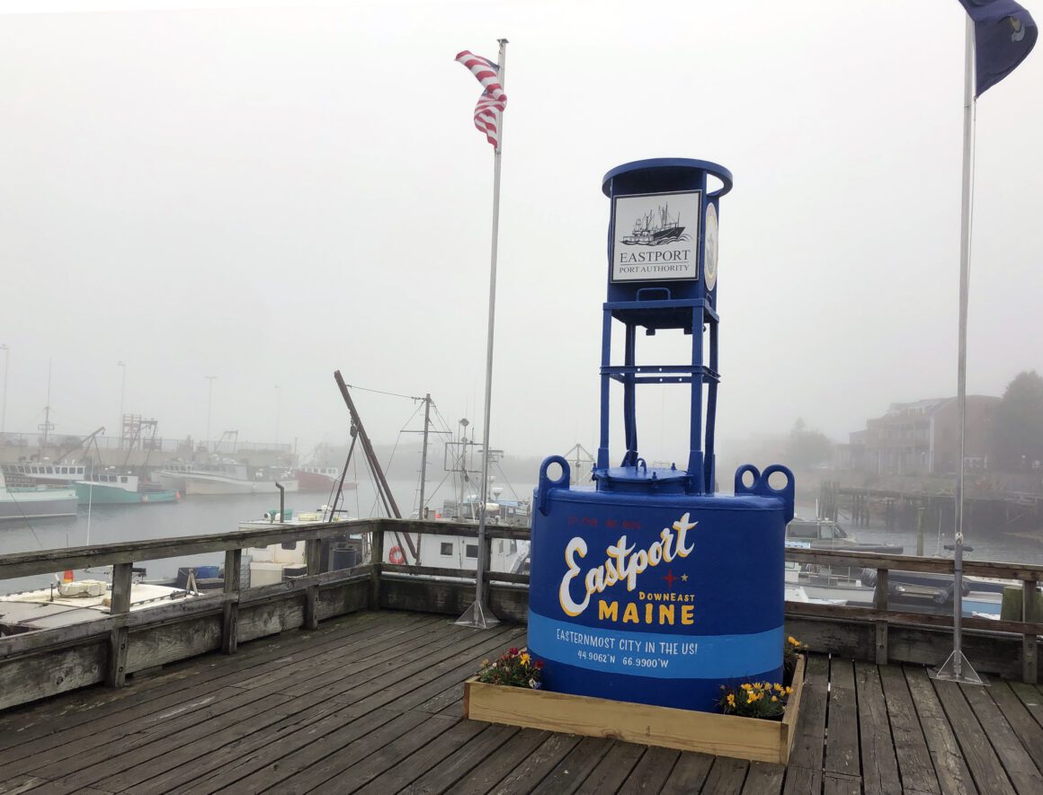 A large, blue buoy in Eastport.