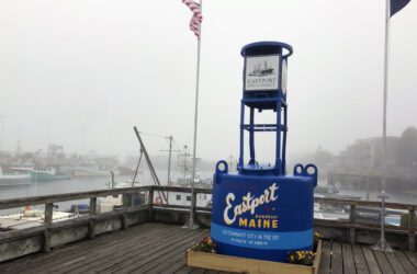 A large, blue buoy in Eastport.