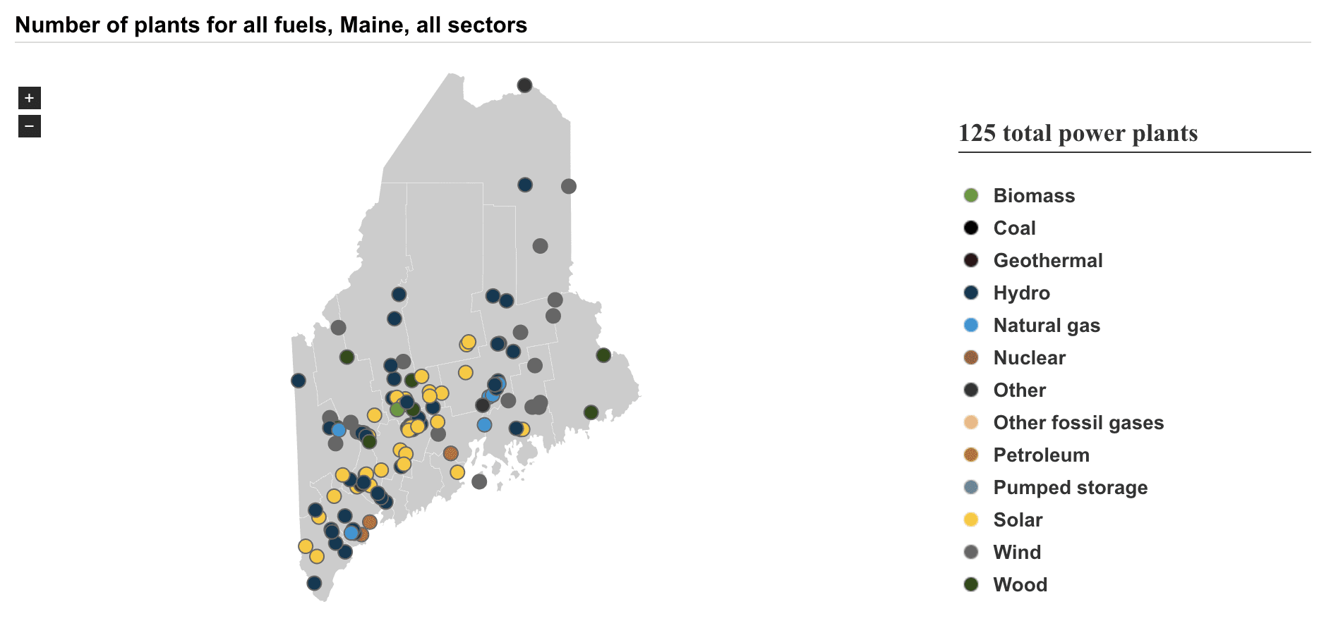 A map showing where Maine's 125 power plants are located.