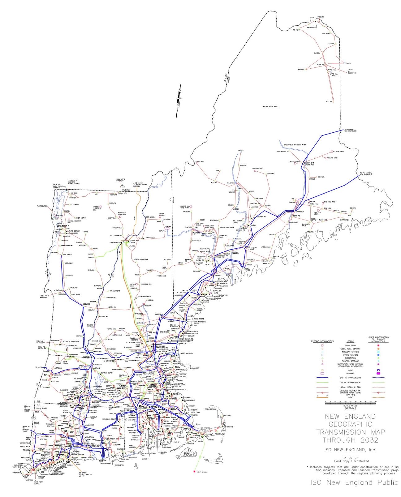 A map shows the New England transmission line system through 2032. 