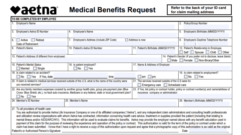 A screenshot of a medical benefits request form for by Aetna.