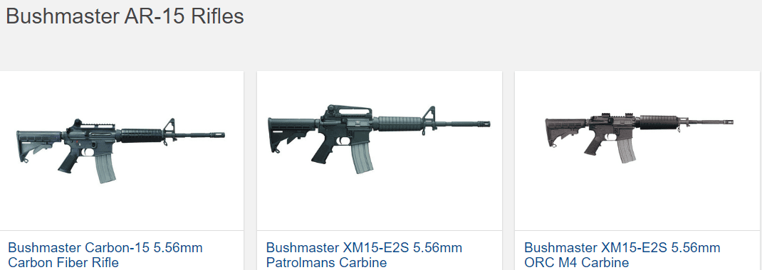 Screenshot of a website selling Bushmaster AR-15 guns.