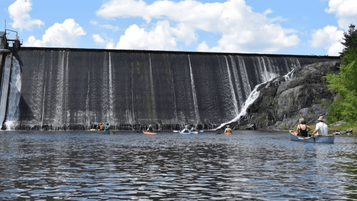 A hydroelectric dam as seen from the river.