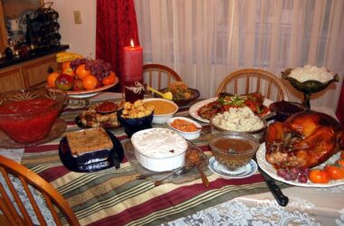 Thanksgiving meal set out on a dining table