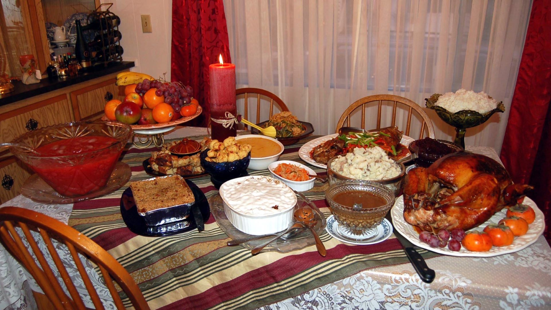 Thanksgiving meal set out on a dining table