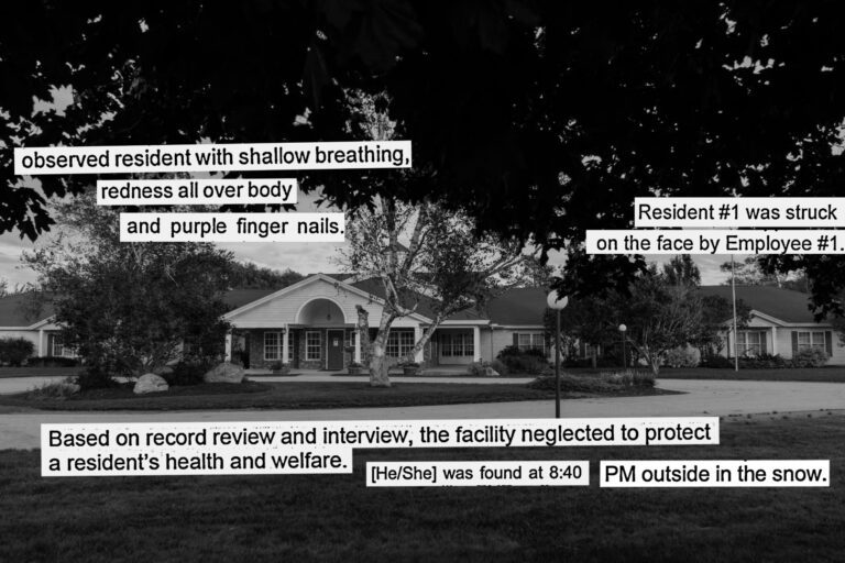 A photo of the Woodlands facility. Overlayed the photo are cut out phrases from various DHHS reports about violations. Observed resident with shallow breathing, redness all over body and purple finger nails. Resident number one was struck on the face by employee number one. Based on record review and interview, the facility neglected to protect a resident's health and welfare. Resident was found at 8:40 p.m. outside in the snow.