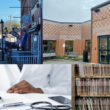 A collage of four photos from stories highlighted in the article. Shown are businesses in Calais, the entrance to the Down East Community Hospital, a black doctor's hands filling out paperwork, and shelves filled with court case files.